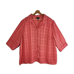 Maggie‎ Barnes Button Front Blouse 3X 26/28 Coral Pink Plaid Tank Inset Preppy